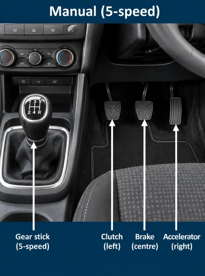 Inside a manual car: a 5-speed gear stick, and three pedals — clutch on the left, brake in the centre, accelerator on the right